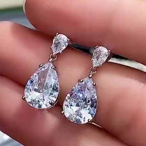 Teardrop Dangle Earring for Women Bridal Sparkle Water Drop CZ, HA4539 - Picture 1 of 3